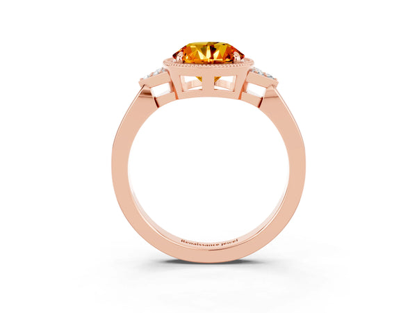Rose gold Round Cut Citrine Halo Ring with Tapered Band and Four-Prong Setting