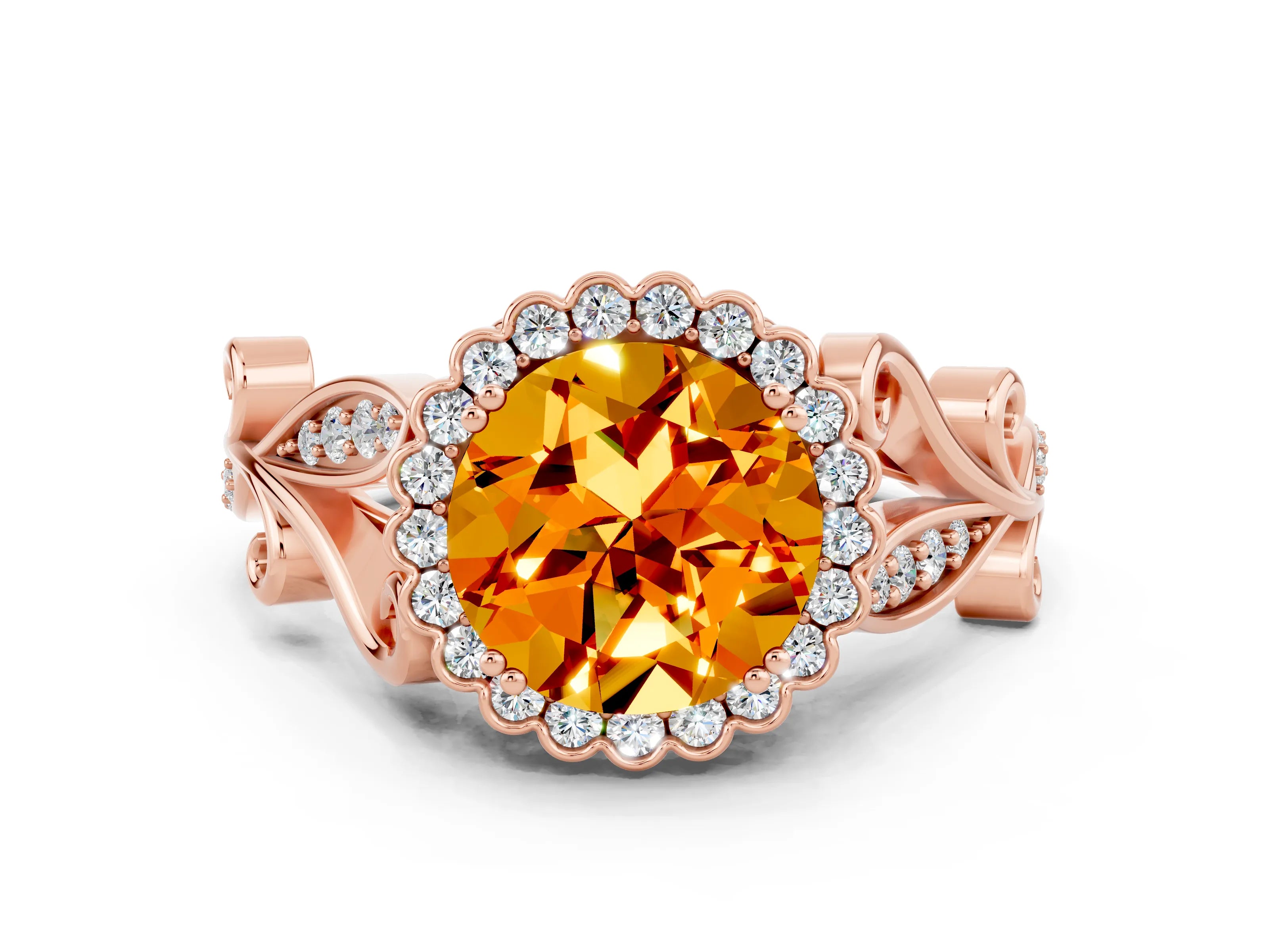 Rose gold Round Cut Citrine Halo Ring with Vintage Split Shank and Four-Prong Setting_18