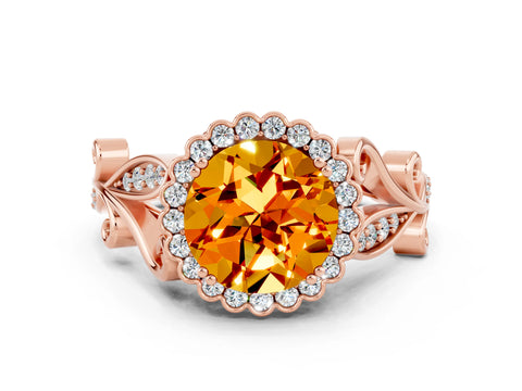 Rose gold Round Cut Citrine Halo Ring with Vintage Split Shank and Four-Prong Setting_18