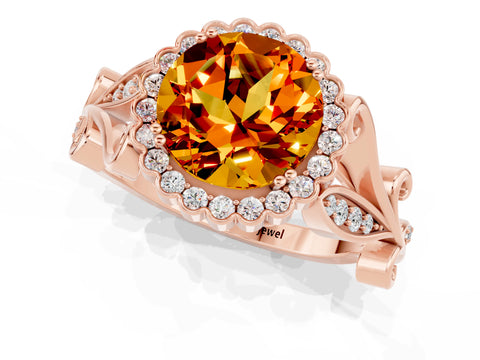 Rose gold Round Cut Citrine Halo Ring with Vintage Split Shank and Four-Prong Setting_19