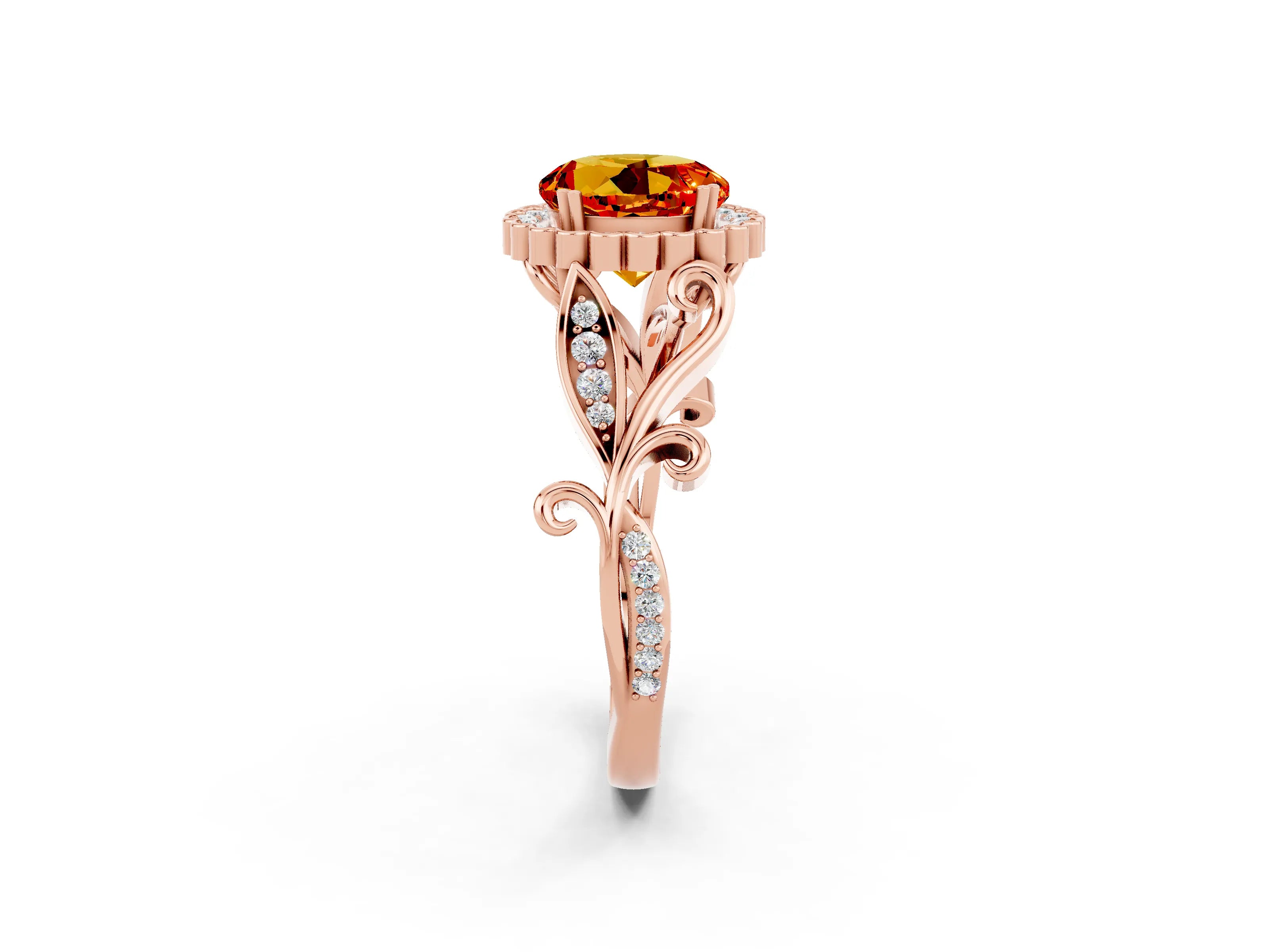 Rose gold Round Cut Citrine Halo Ring with Vintage Split Shank and Four-Prong Setting_20