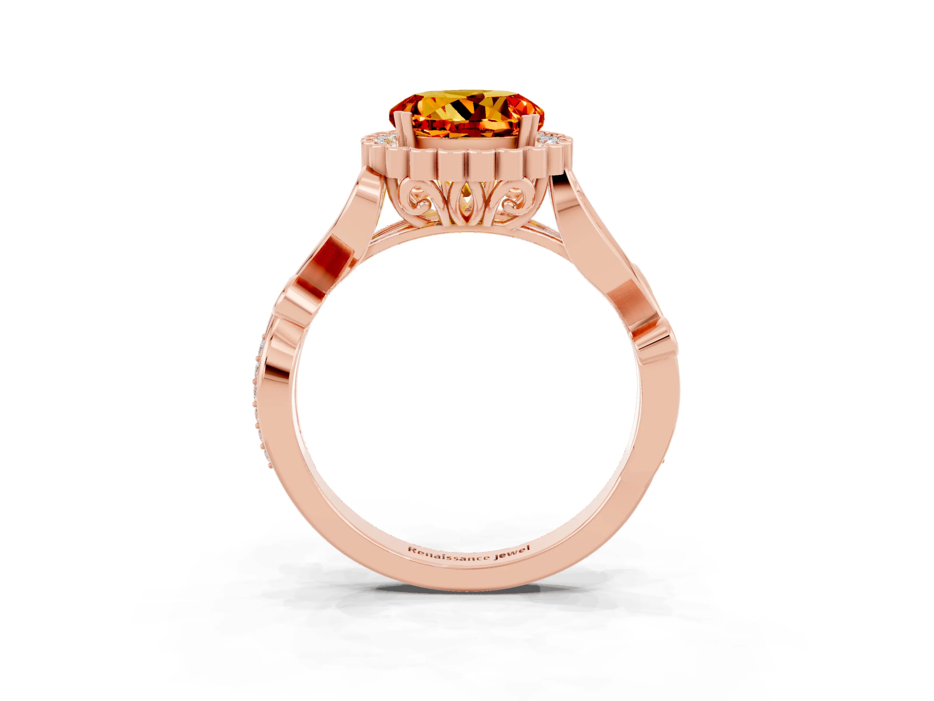 Rose gold Round Cut Citrine Halo Ring with Vintage Split Shank and Four-Prong Setting_21
