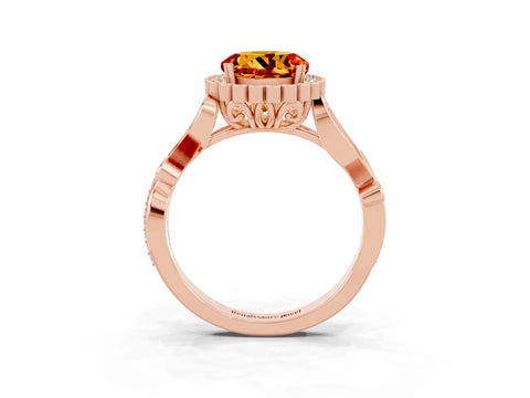 Rose gold Round Cut Citrine Halo Ring with Vintage Split Shank and Four-Prong Setting_21
