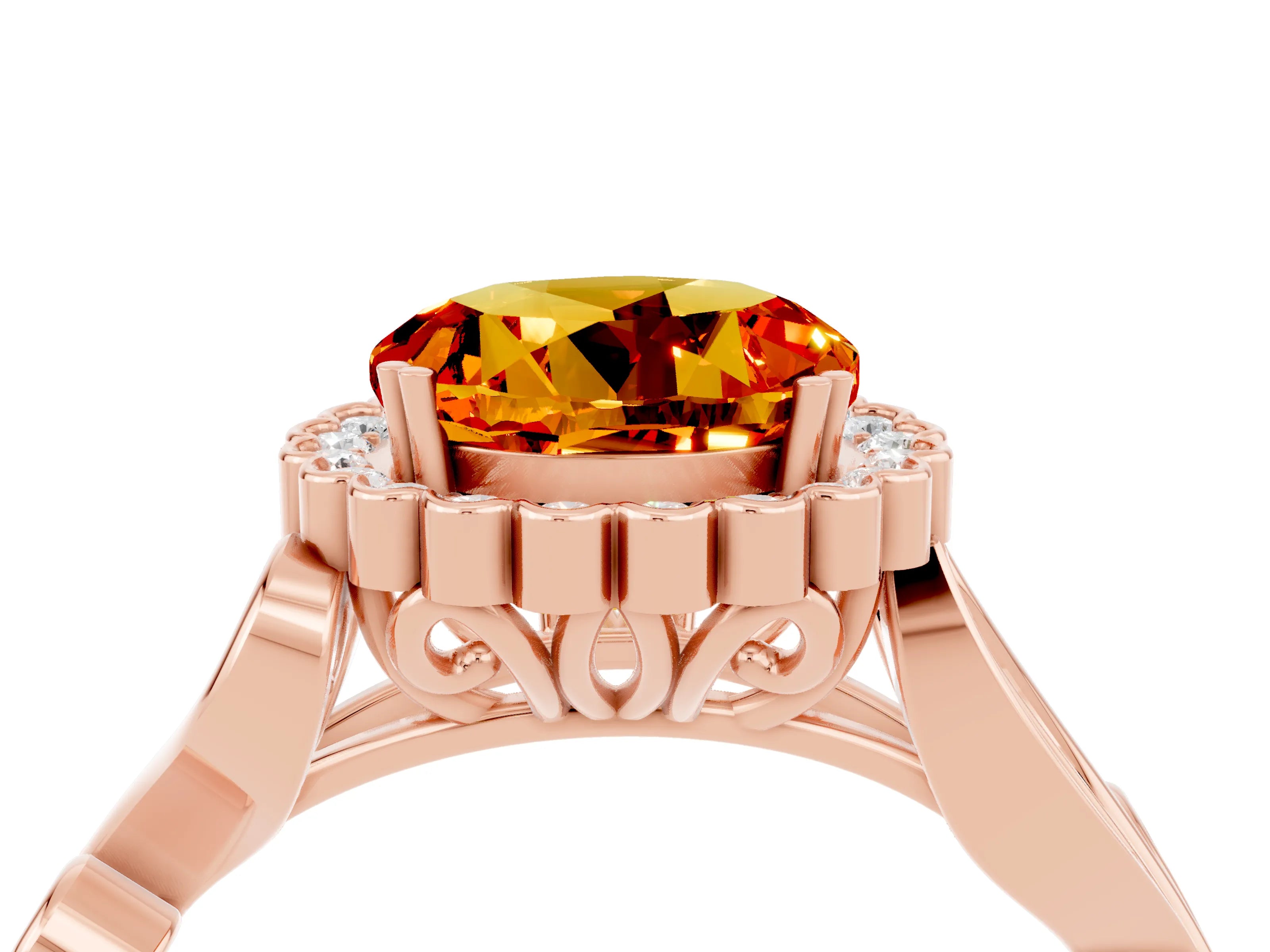 Rose gold Round Cut Citrine Halo Ring with Vintage Split Shank and Four-Prong Setting_22