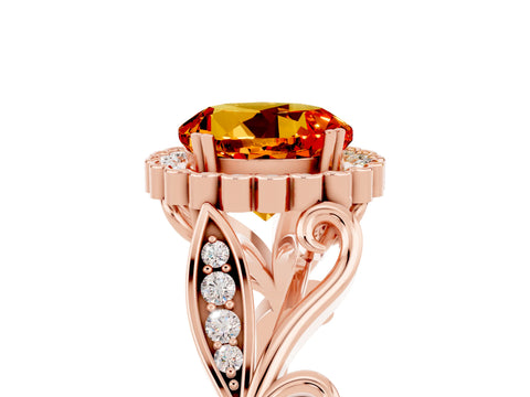 Rose gold Round Cut Citrine Halo Ring with Vintage Split Shank and Four-Prong Setting_23