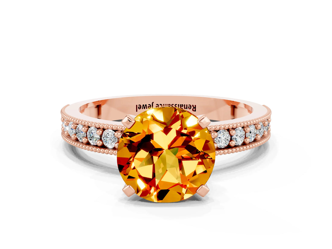 Rose gold Round Cut Citrine Milgrain Pavé Engagement Ring with Four-Prong Setting