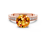 Rose gold Round Cut Citrine Milgrain Pavé Engagement Ring with Four-Prong Setting