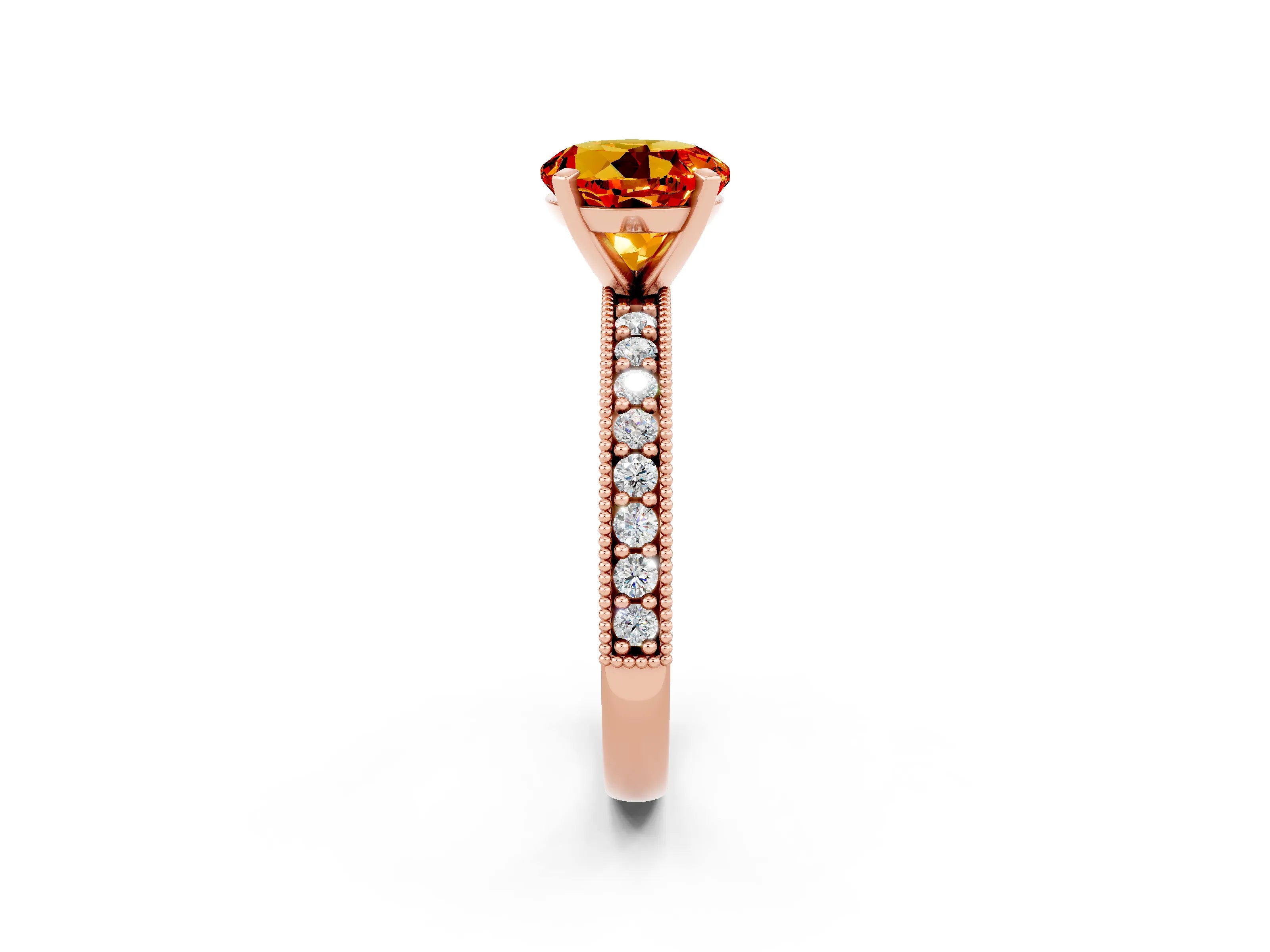 Rose gold Round Cut Citrine Milgrain Pavé Engagement Ring with Four-Prong Setting_2