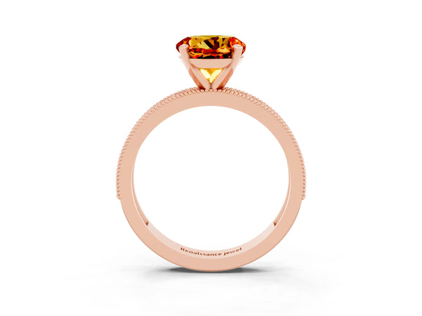 Rose gold Round Cut Citrine Milgrain Pavé Engagement Ring with Four-Prong Setting
