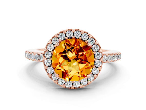 Rose gold Round Cut Citrine Pavé Halo Ring with Four-Prong Setting
