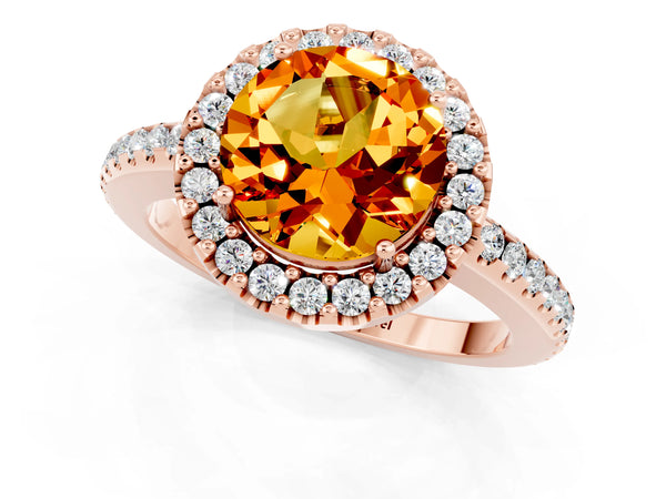 Rose gold Round Cut Citrine Pavé Halo Ring with Four-Prong Setting