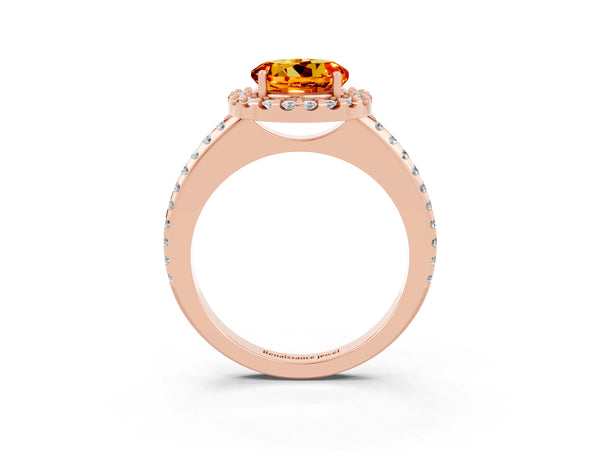 Rose gold Round Cut Citrine Pavé Halo Ring with Four-Prong Setting