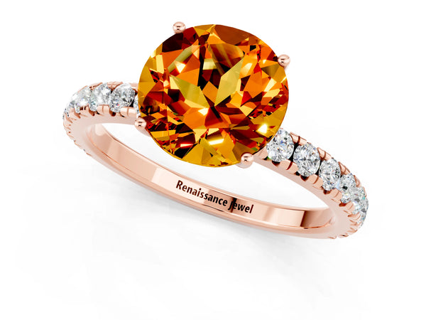 Rose gold Round Cut Citrine Pavé Solitaire Engagement Ring with Four-Prong Setting