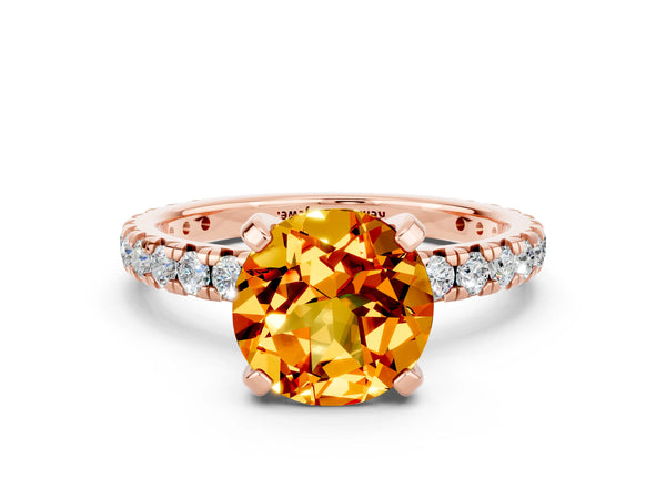 Rose gold Round Cut Citrine Pavé Solitaire Ring with Round Band and Prong Setting