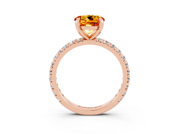 Rose gold Round Cut Citrine Pavé Solitaire Ring with Round Band and Prong Setting