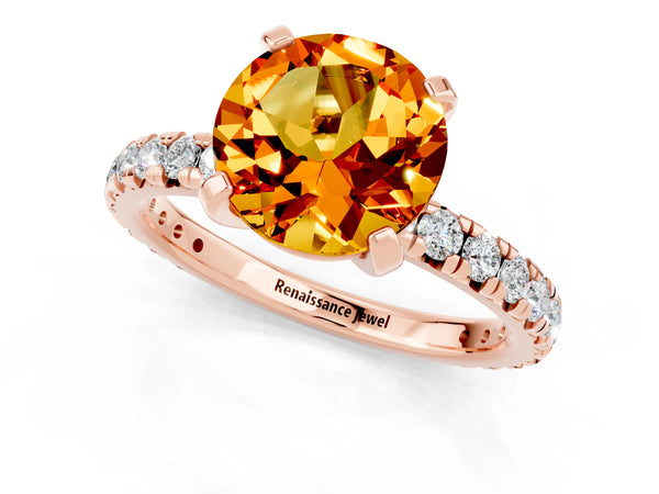 Rose gold Round Cut Citrine Pavé Solitaire Ring with Round Band and Prong Setting