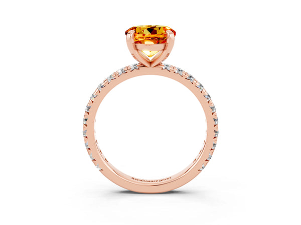 Rose gold Round Cut Citrine Pavé Solitaire Ring with Round Band and Prong Setting