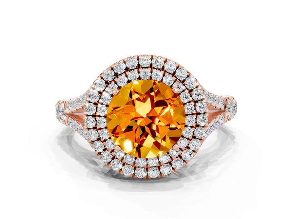 Rose gold Round Cut Citrine Pavé Split Shank Double Halo Engagement Ring