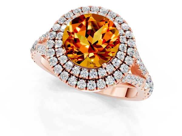 Rose gold Round Cut Citrine Pavé Split Shank Double Halo Engagement Ring