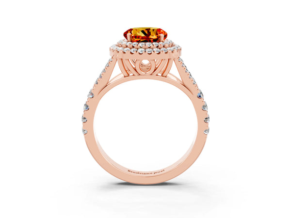 Rose gold Round Cut Citrine Pavé Split Shank Double Halo Engagement Ring