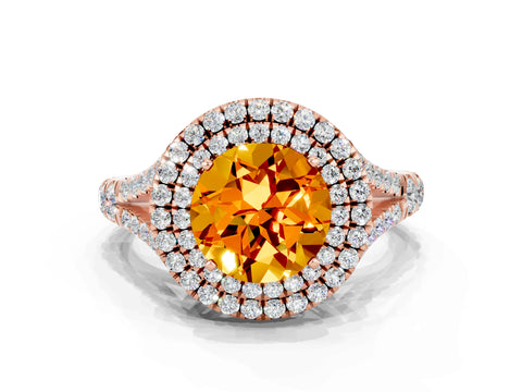 Rose gold Round Cut Citrine Pavé Split Shank Double Halo Engagement Ring