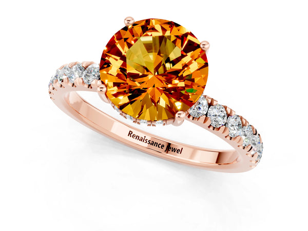 Rose gold Round Cut Citrine Pave Band Solitaire Ring with Round  and Prong Setting