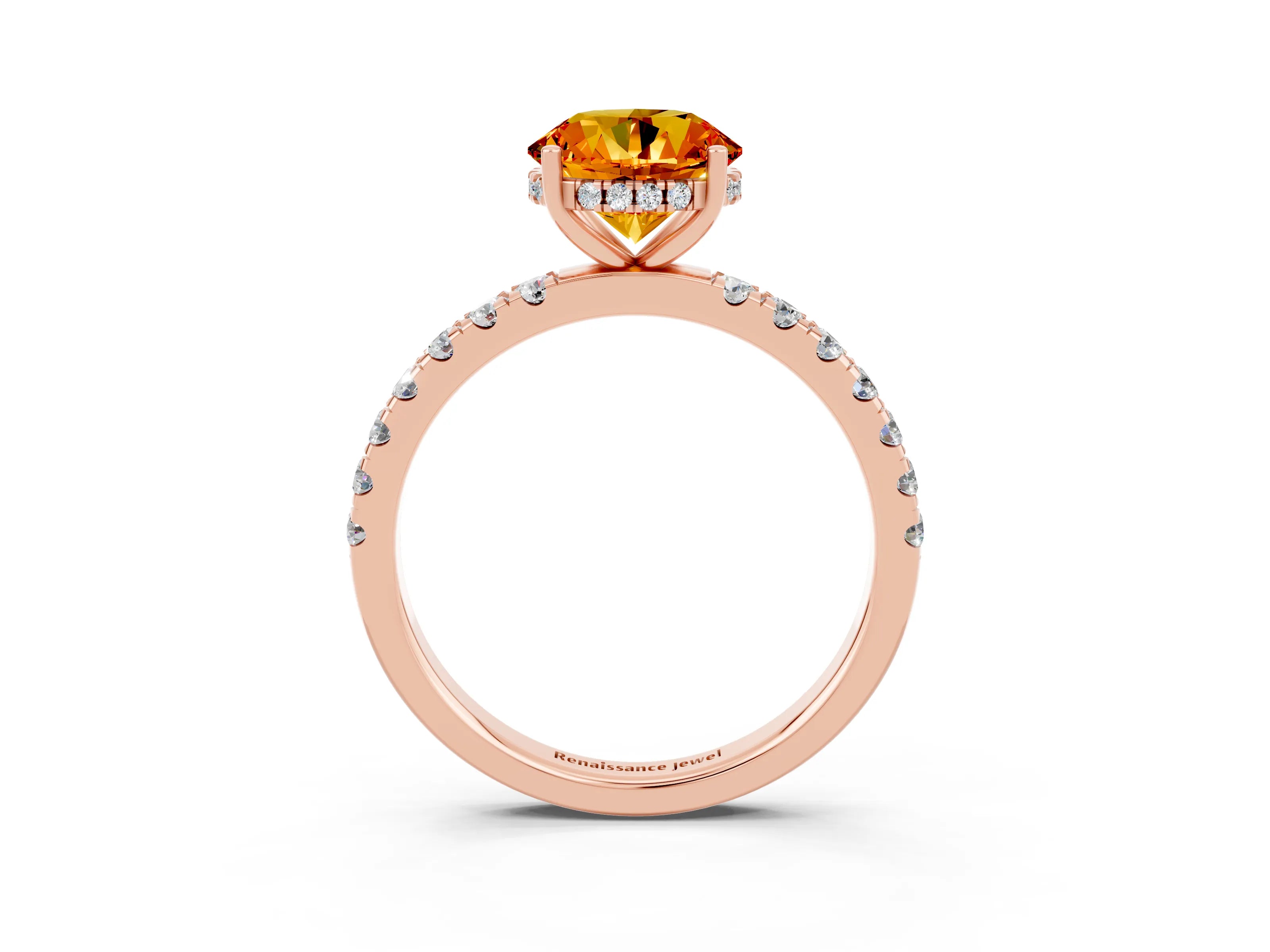 Rose gold Round Cut Citrine Pave Band Solitaire Ring with Four-Prong Setting_27