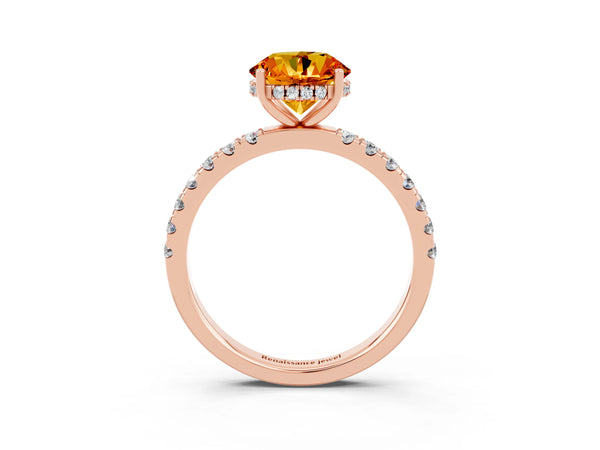 Rose gold Round Cut Citrine Pave Band Solitaire Ring with Round  and Prong Setting