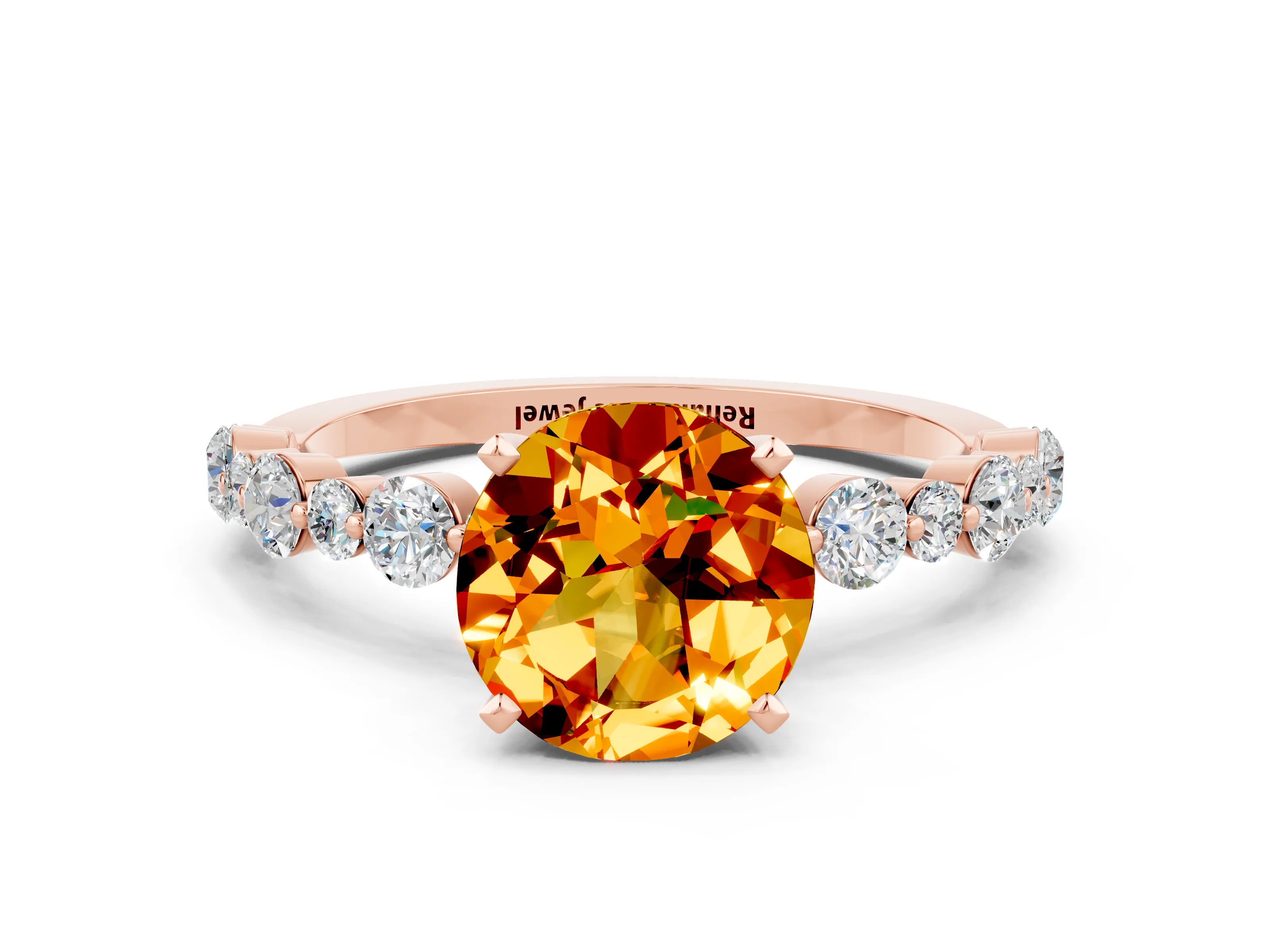 Rose gold Round Cut Citrine Prong Set Engagement Ring with Pavé Band