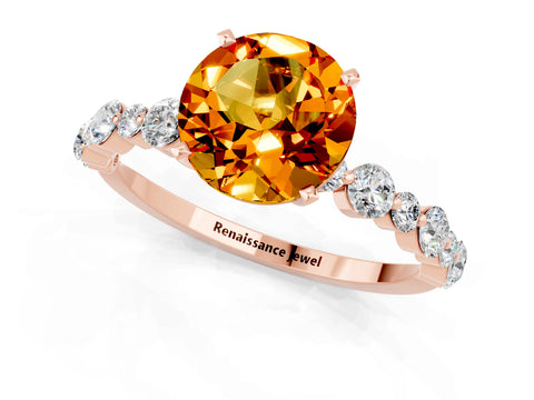 Rose gold Round Cut Citrine Prong Set Engagement Ring with Pavé Band_1