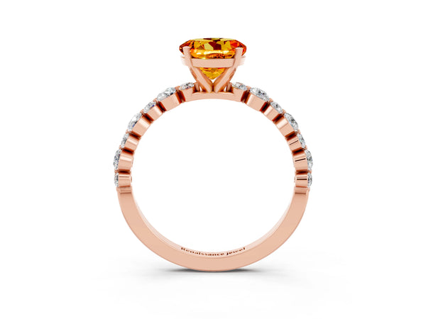 Rose gold Round Cut Citrine Prong Set Engagement Ring with Pavé Band