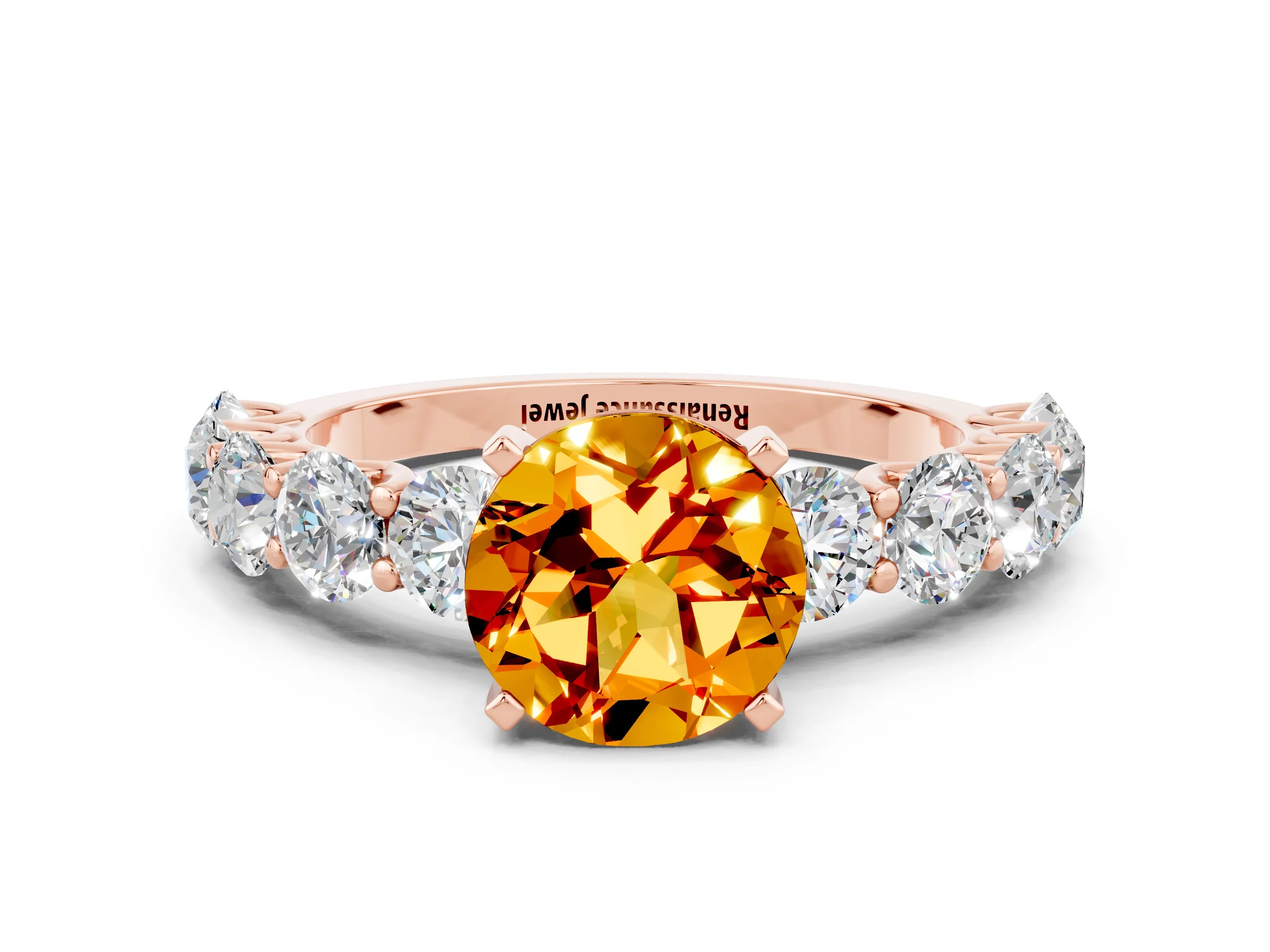 Rose gold Round Cut Citrine Prong Setting with Side Stones on a Pave Band