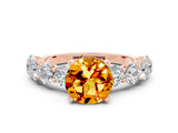 Rose gold Round Cut Citrine Prong Setting with Side Stones on a Pave Band