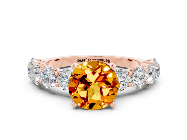 Rose gold Round Cut Citrine Prong Setting with Side Stones on a Pave Band