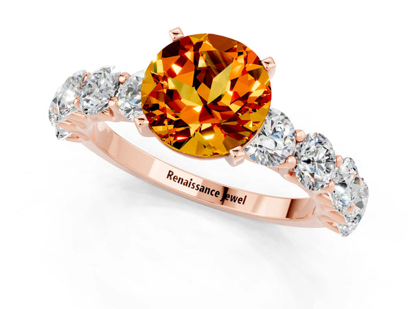 Rose gold Round Cut Citrine Prong Setting with Side Stones on a Pave Band