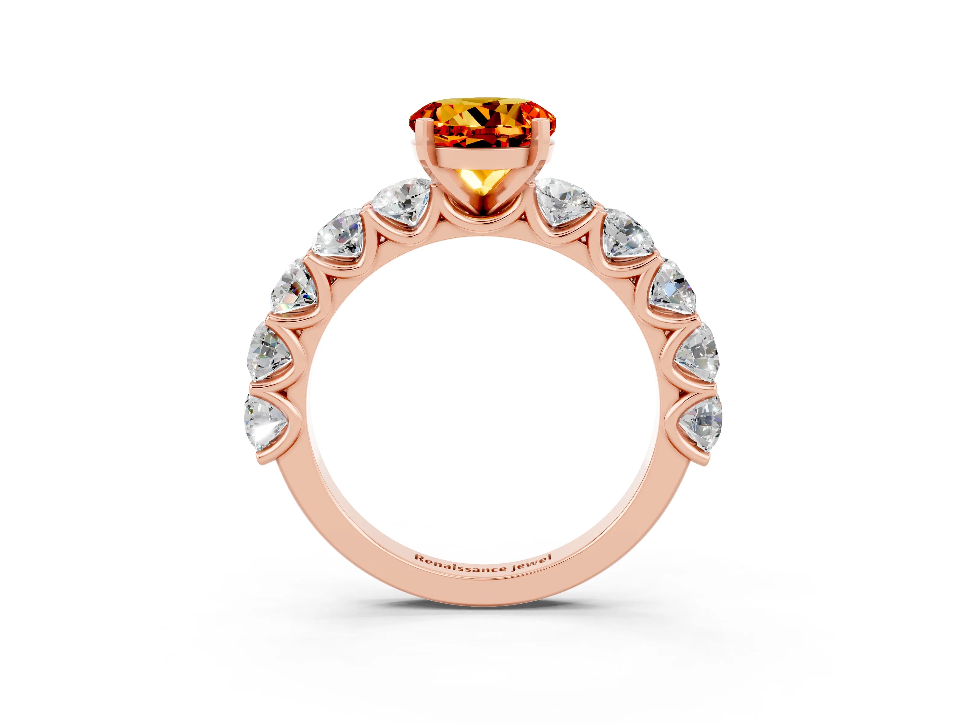 Rose gold Round Cut Citrine Prong Setting with Side Stones on a Pave Band_3