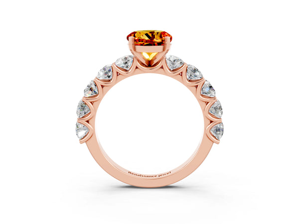 Rose gold Round Cut Citrine Prong Setting with Side Stones on a Pave Band