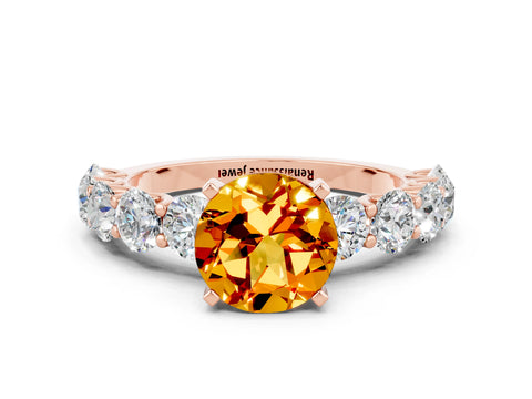 Rose gold Round Cut Citrine Prong Setting with Side Stones on a Pave Band