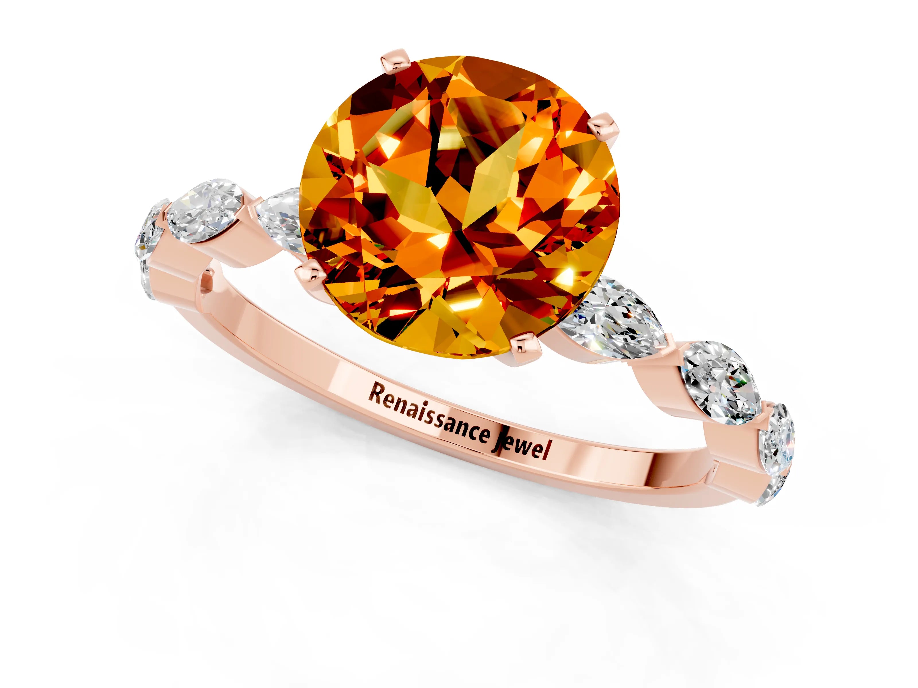 Rose gold Round Cut Citrine Ring with Marquise Side Stones and Prong Setting_1