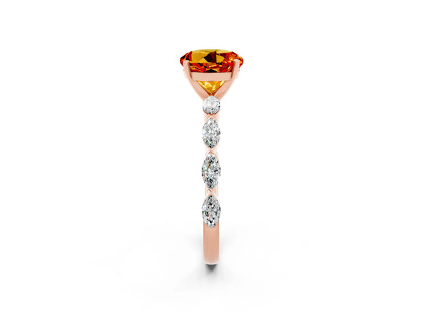 Rose gold Round Cut Citrine Ring with Marquise Side Stones and Prong Setting