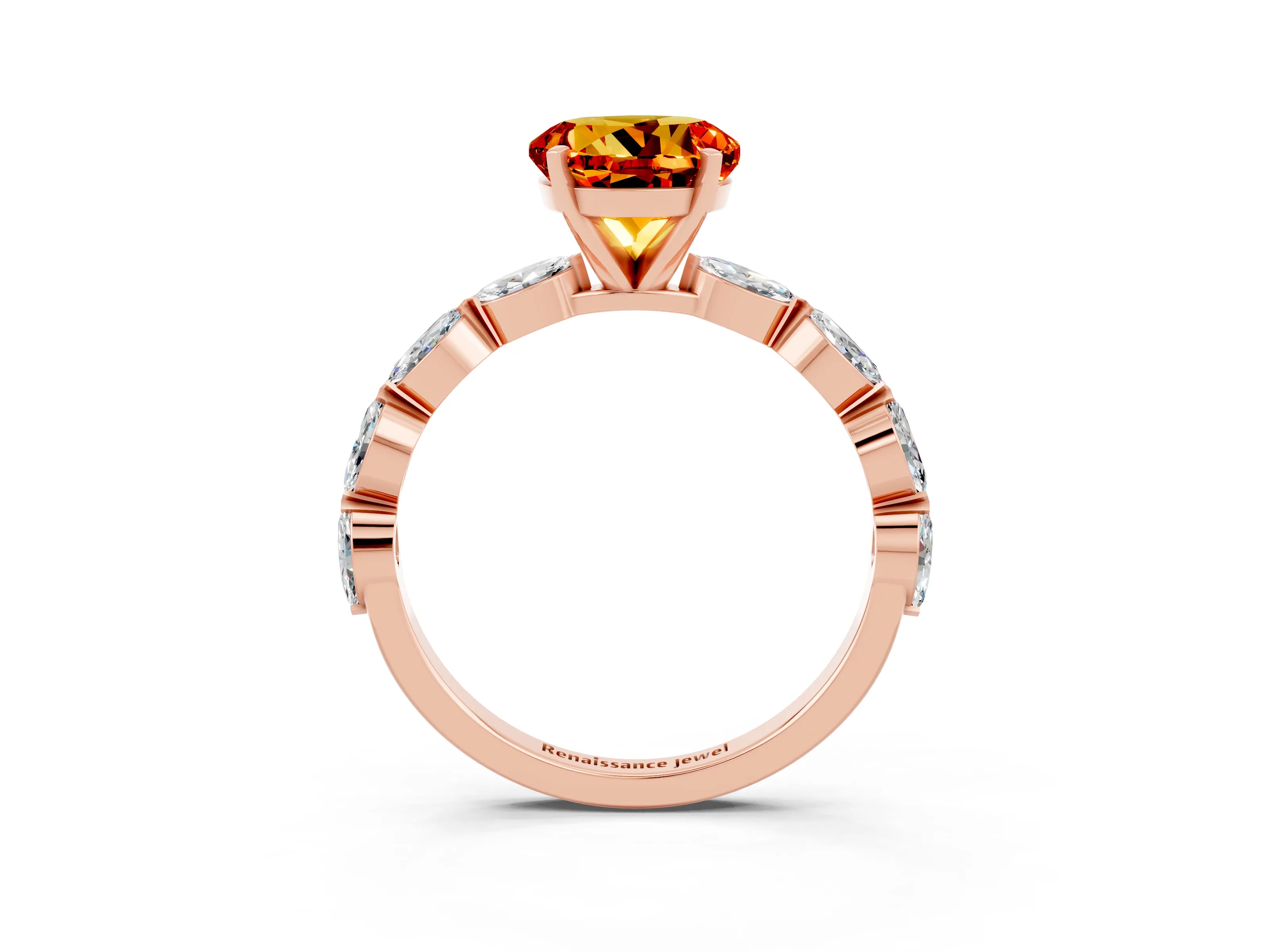 Rose gold Round Cut Citrine Ring with Marquise Side Stones and Prong Setting_3