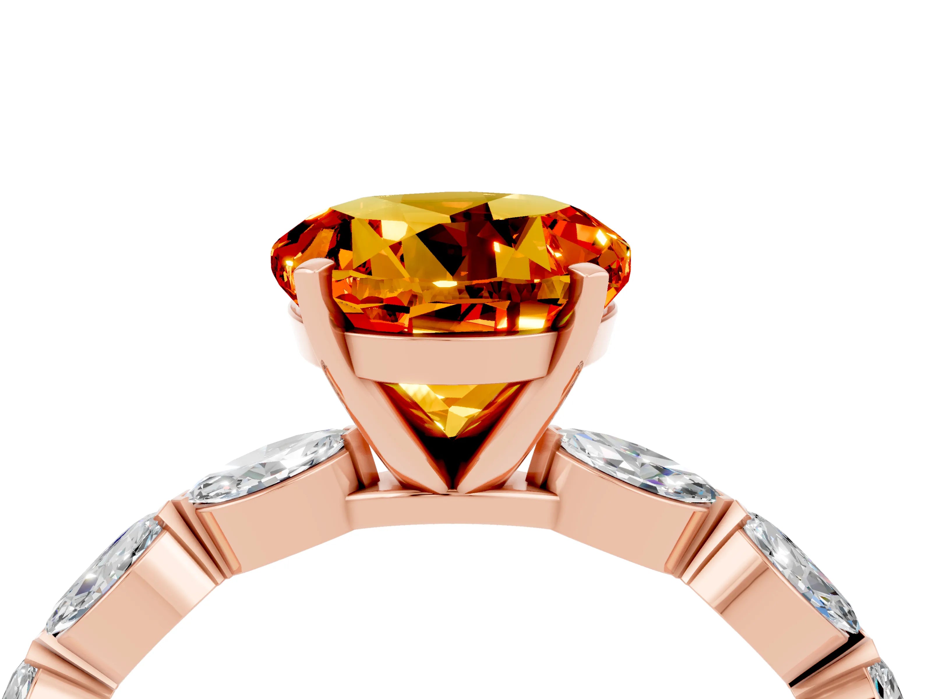 Rose gold Round Cut Citrine Ring with Marquise Side Stones and Prong Setting_4