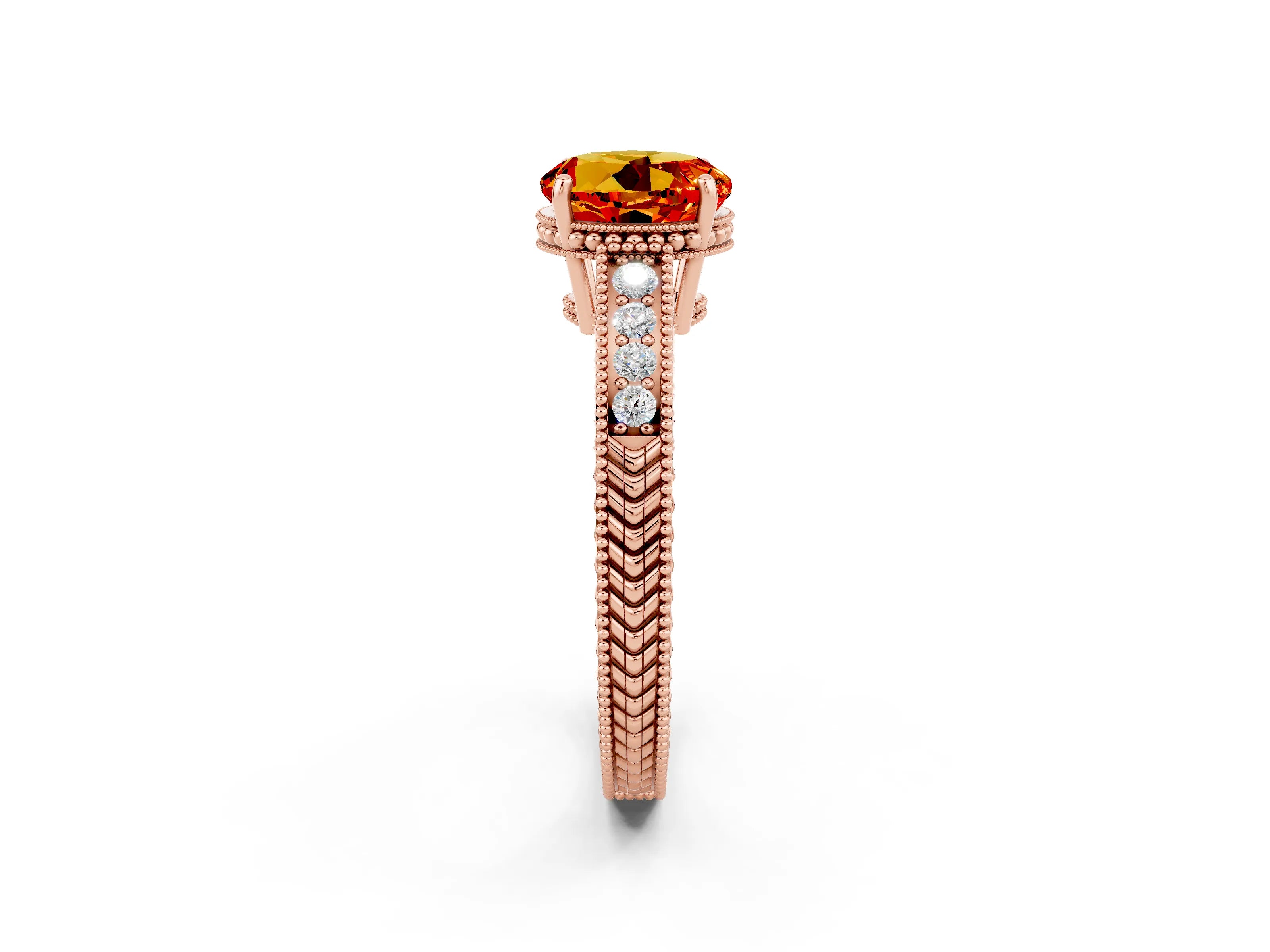 Rose gold Round Cut Citrine Ring with Milgrain Pavé Band and Four-Prong Setting_14