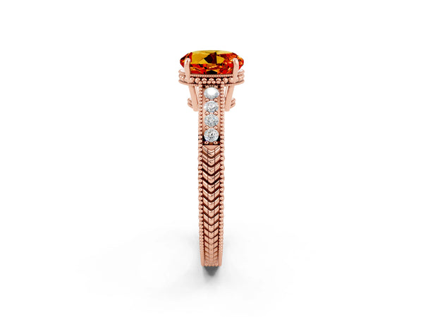 Rose gold Round Cut Citrine Ring with Milgrain Pavé Band and Four-Prong Setting