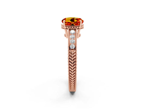 Rose gold Round Cut Citrine Ring with Milgrain Pavé Band and Four-Prong Setting_14