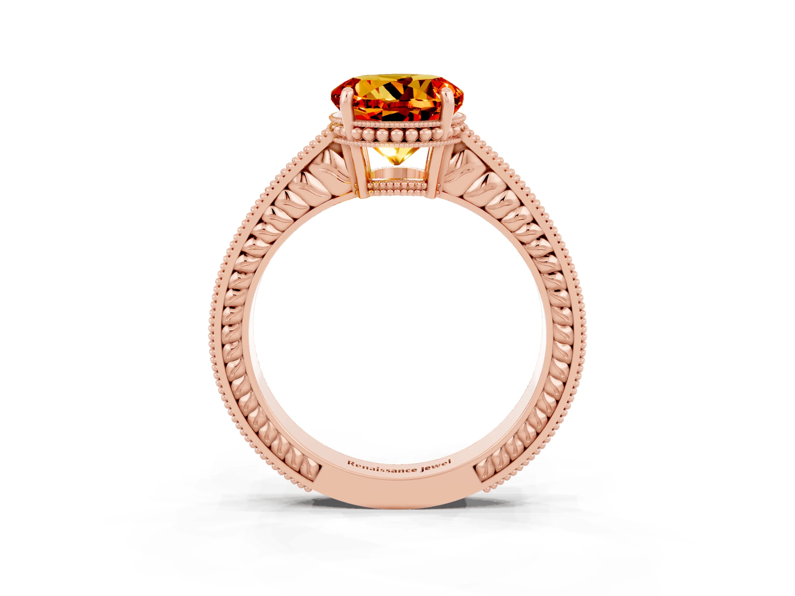 Rose gold Round Cut Citrine Ring with Milgrain Pavé Band and Four-Prong Setting_15