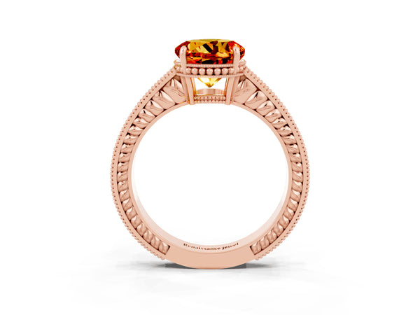 Rose gold Round Cut Citrine Ring with Milgrain Pavé Band and Four-Prong Setting