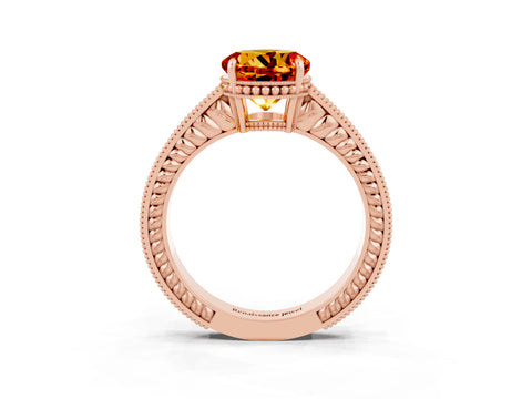 Rose gold Round Cut Citrine Ring with Milgrain Pavé Band and Four-Prong Setting_15
