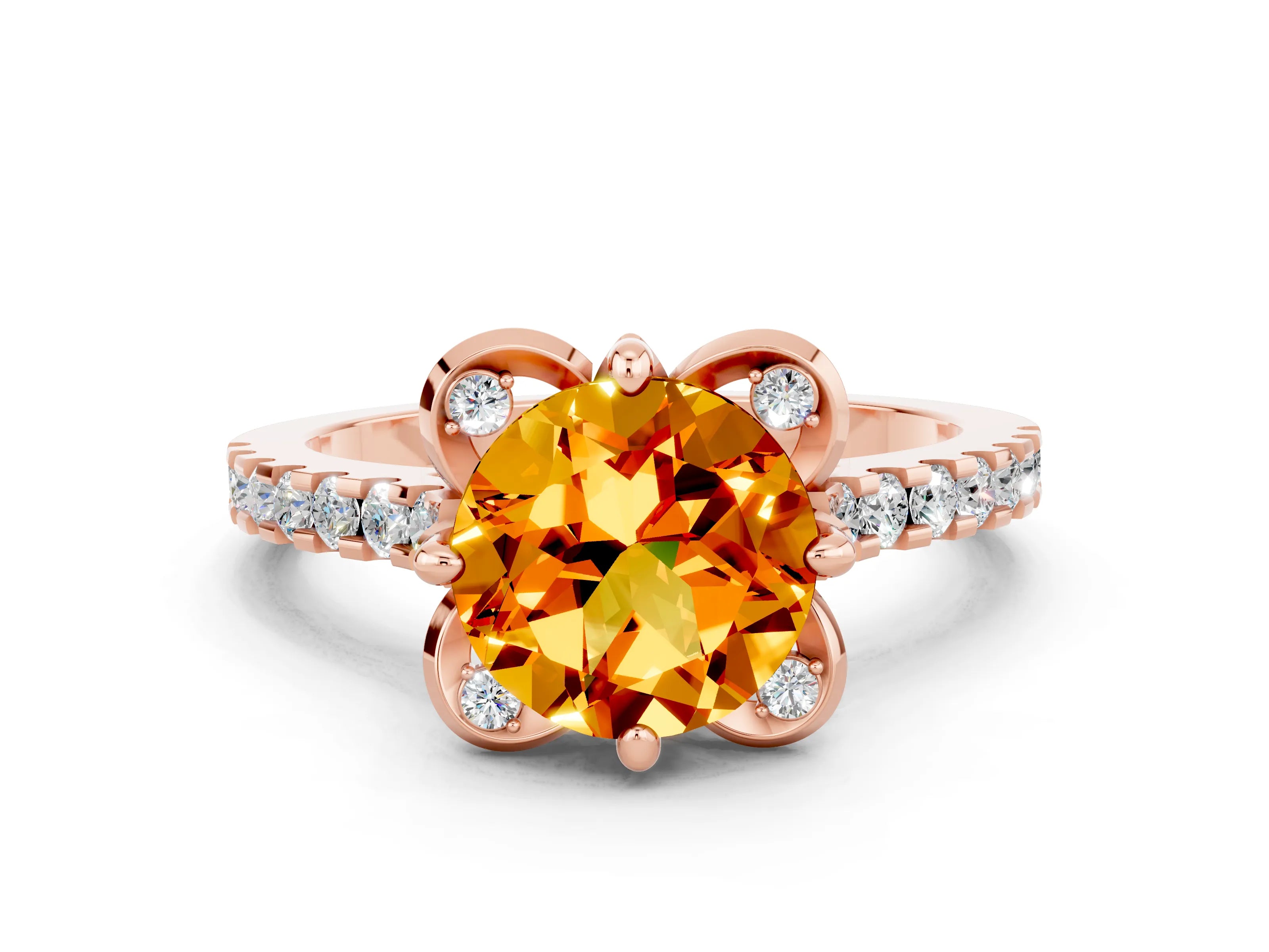 Rose gold Round Cut Citrine Ring with Pavé Band and Floral Prong Setting