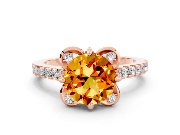 Rose gold Round Cut Citrine Ring with Pavé Band and Floral Prong Setting